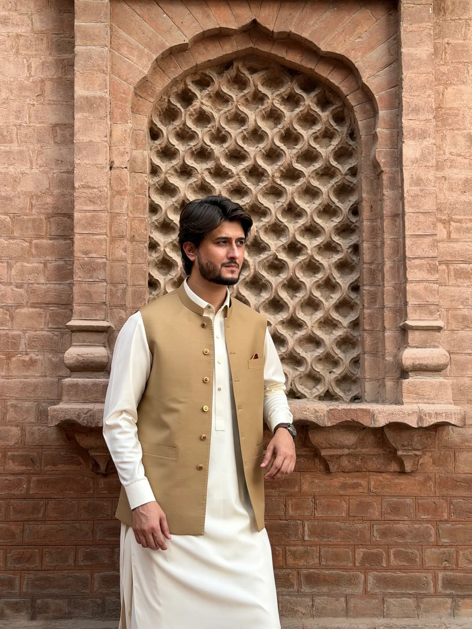 ZA Creation camel waistcoat styled over ivory attire