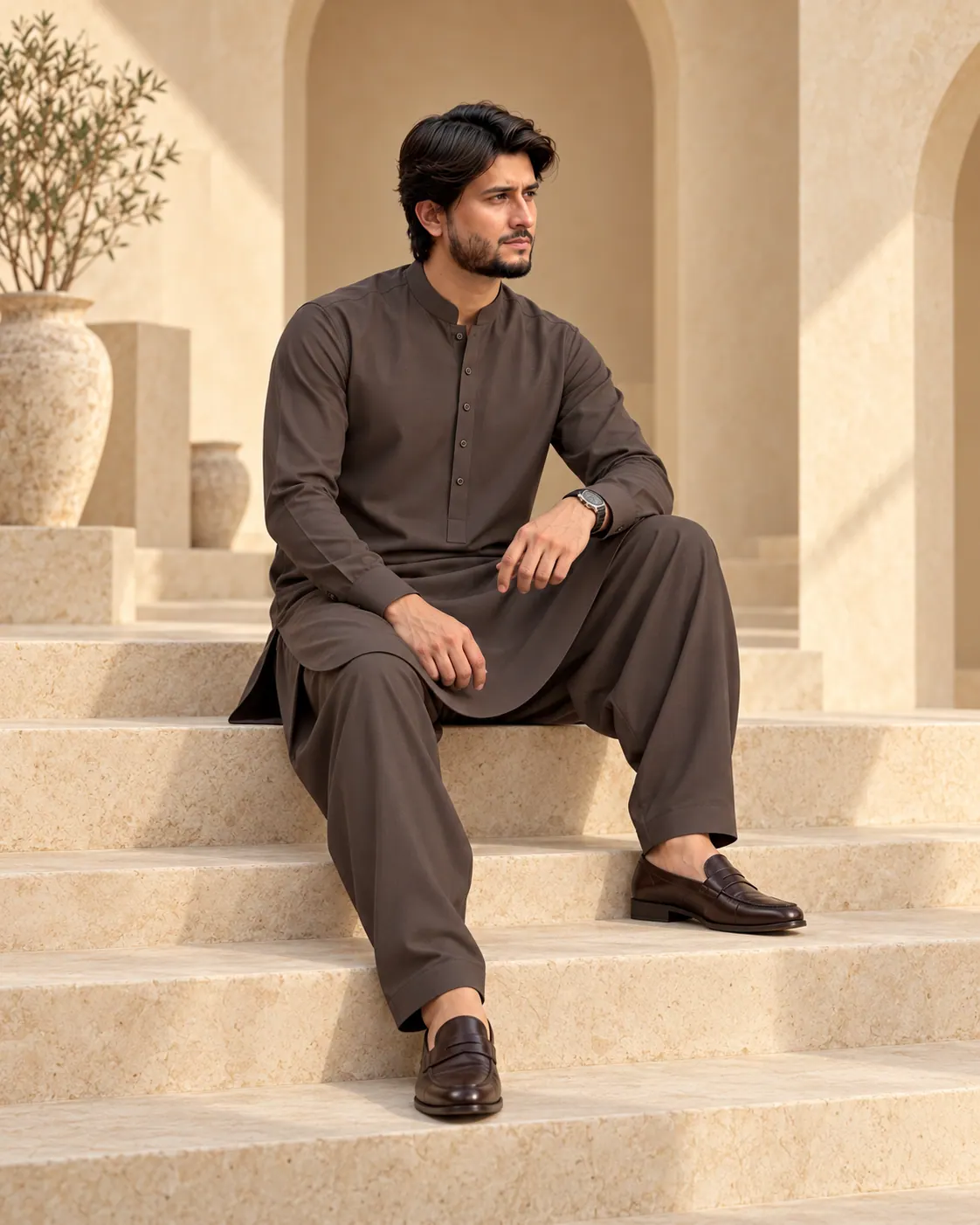 Model in deep brown ZA Creation traditional attire