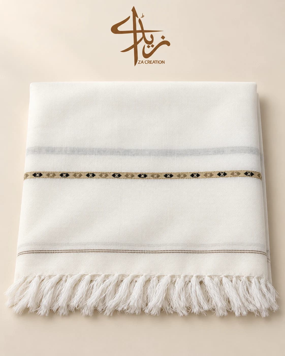 White Fine-Border Shawl in White